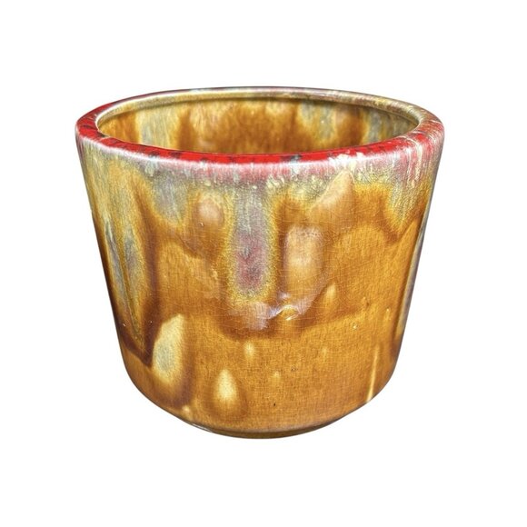 Vintage California USA Pottery Plant Pot Bowl 6x7" Orange Gold Drip Mid Century - Picture 1 of 10
